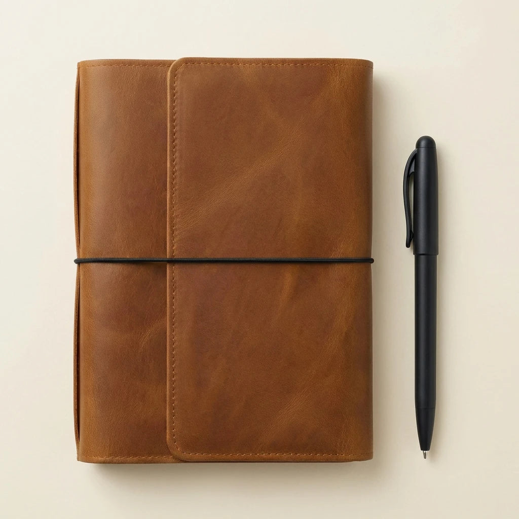 Brown leather notebook with a black pen on a beige background