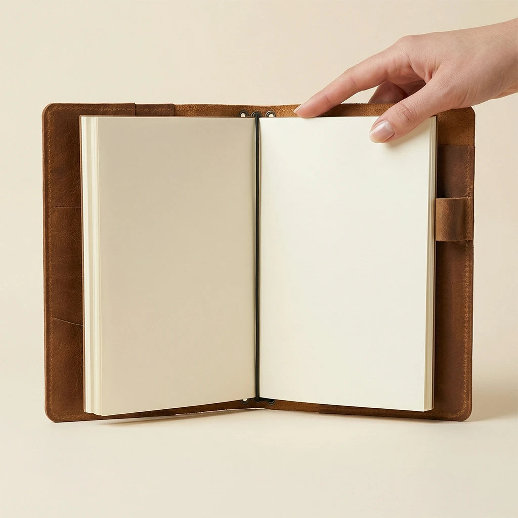 Hand holding a brown leather-bound notebook with open pages on a beige background