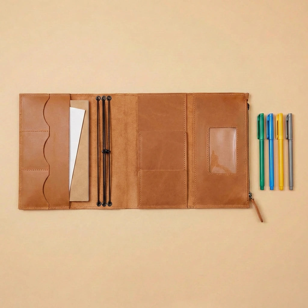 Brown leather organizer with stationery items on a beige background