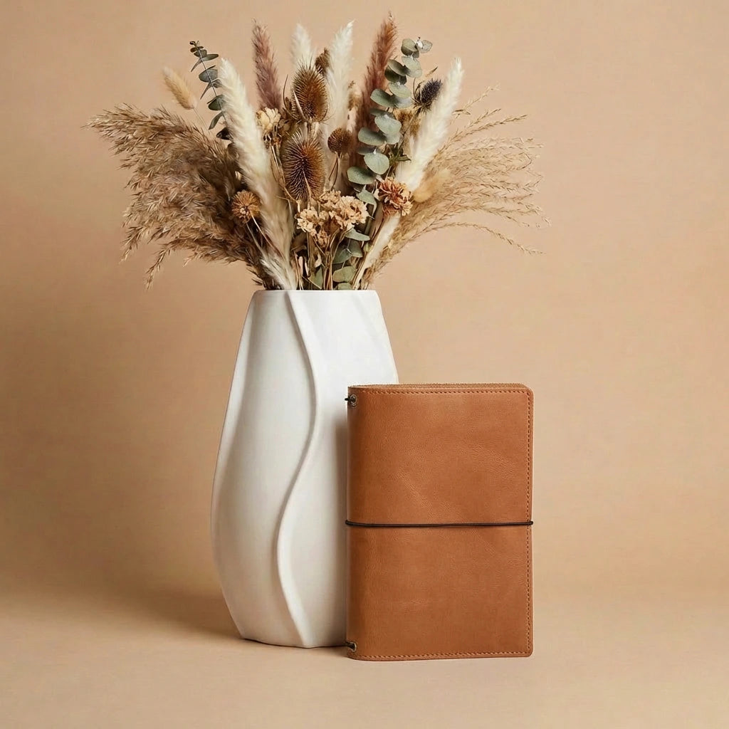 Brown leather notebook next to a white vase with dried flowers on a beige background