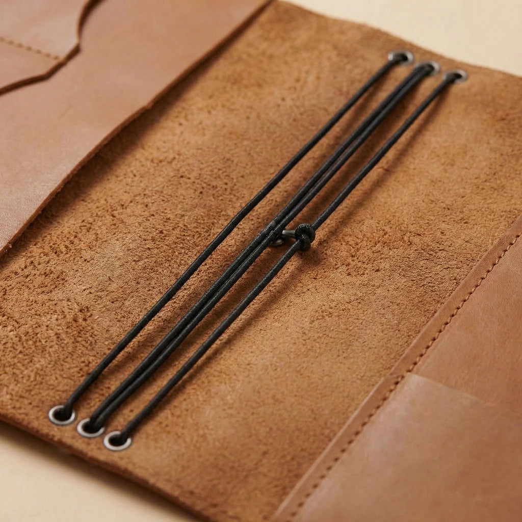 Brown leather journal cover with black strings on a beige background