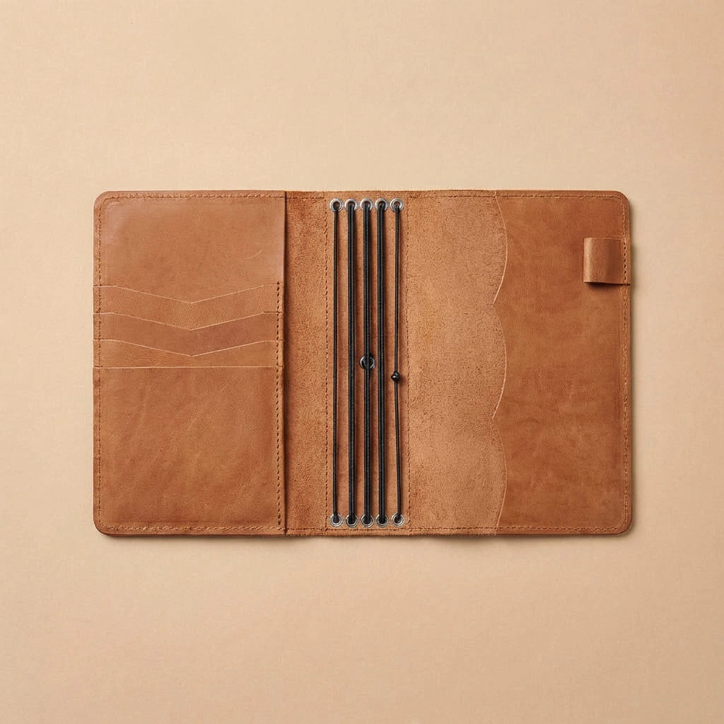 Brown leather journal cover with pen holder on a beige background