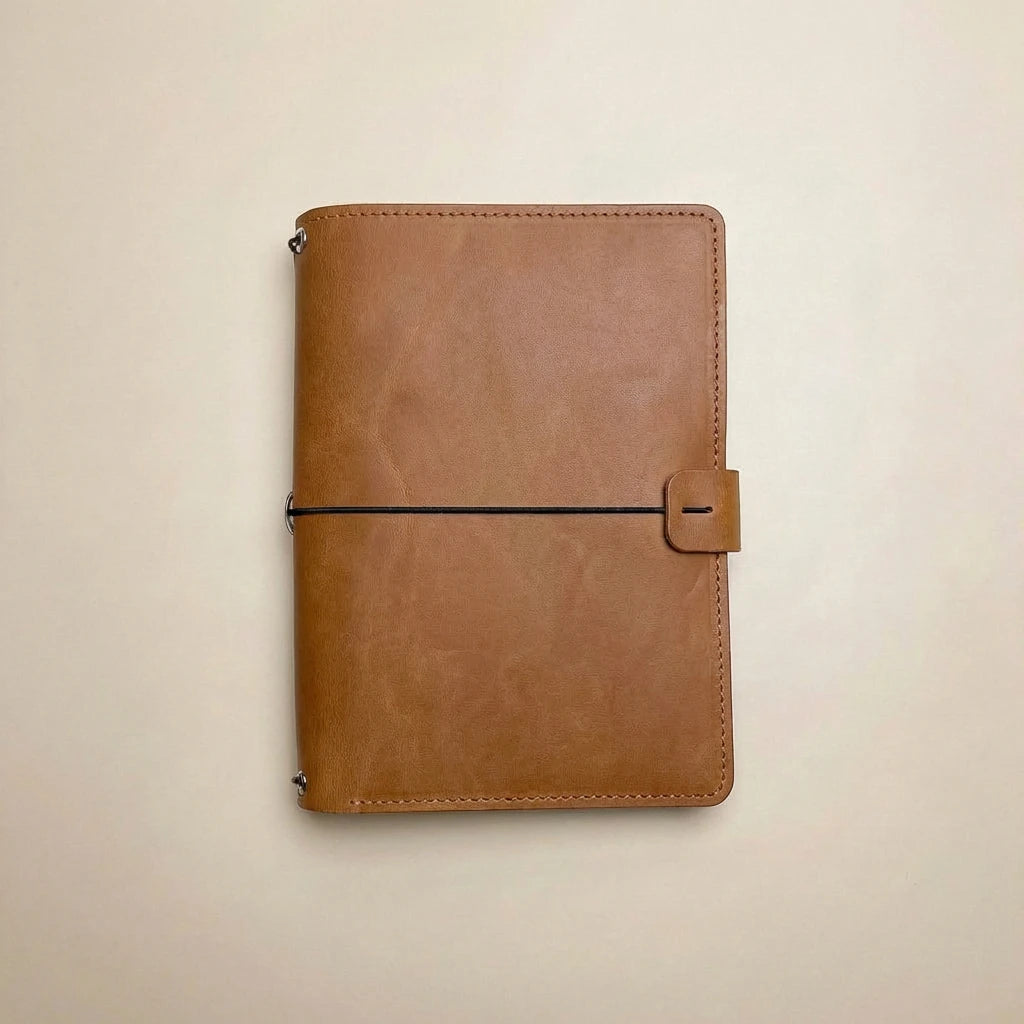Brown leather notebook on a beige background