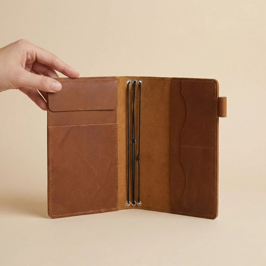 Brown leather journal cover held open by a hand on a beige background