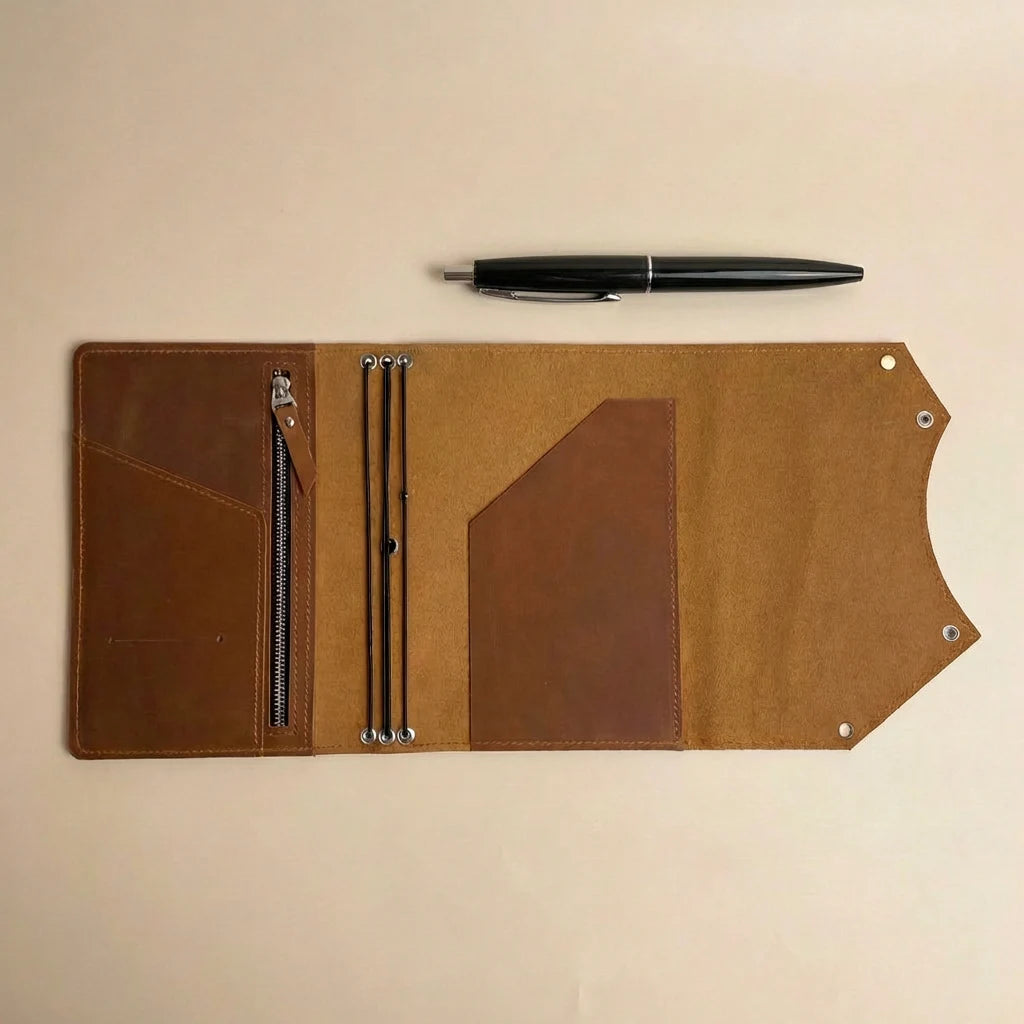 Brown leather journal cover with pen on a beige background