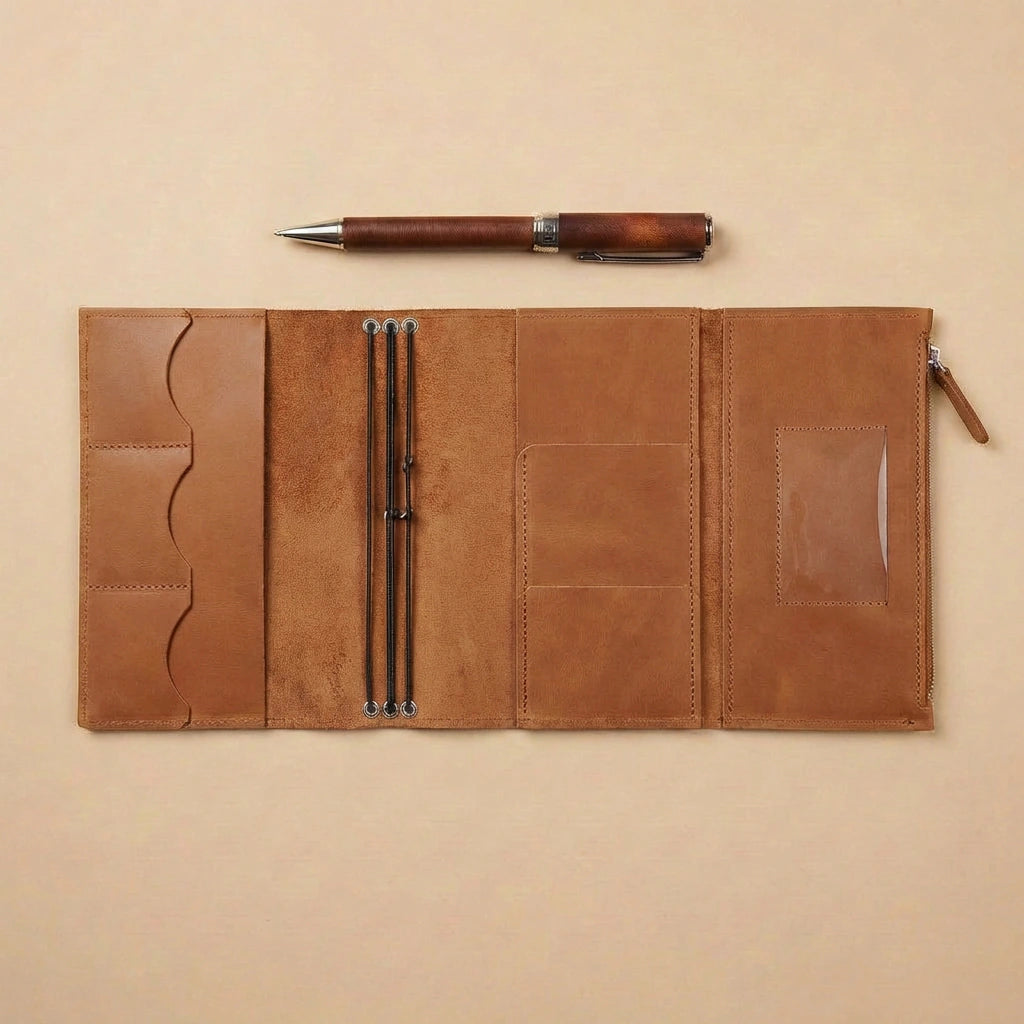 Brown leather journal cover with pen on a beige background