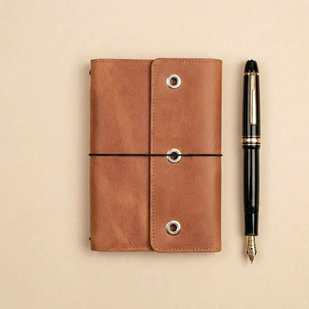 Brown leather notebook with a pen on a beige background
