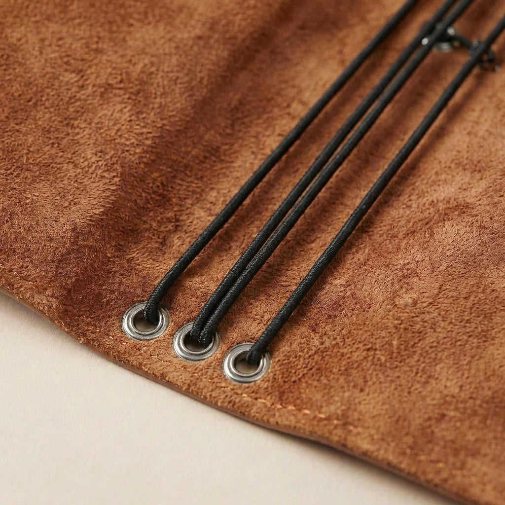 Close-up of brown leather with black strings and metal eyelets.