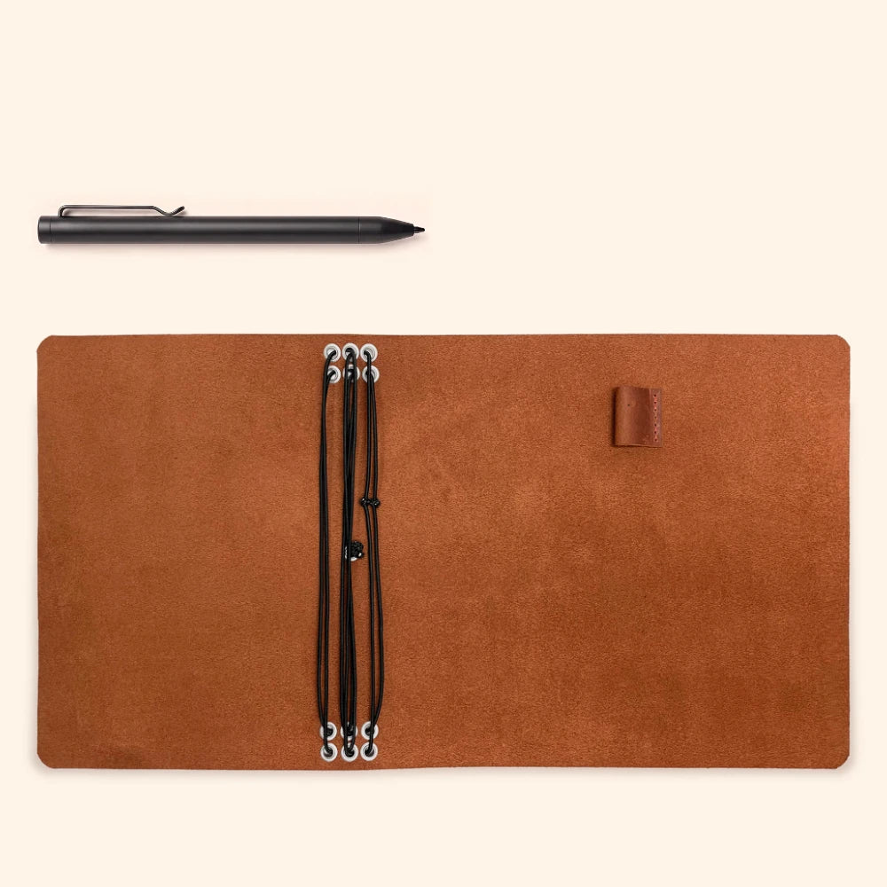 Handmade refillable leather notebook case designed to hold six journal inserts.
