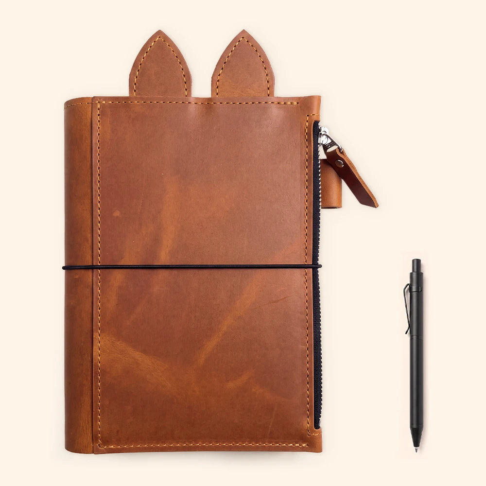 Leather notebook cover showcasing three vertical elastics against a rich brown interior.