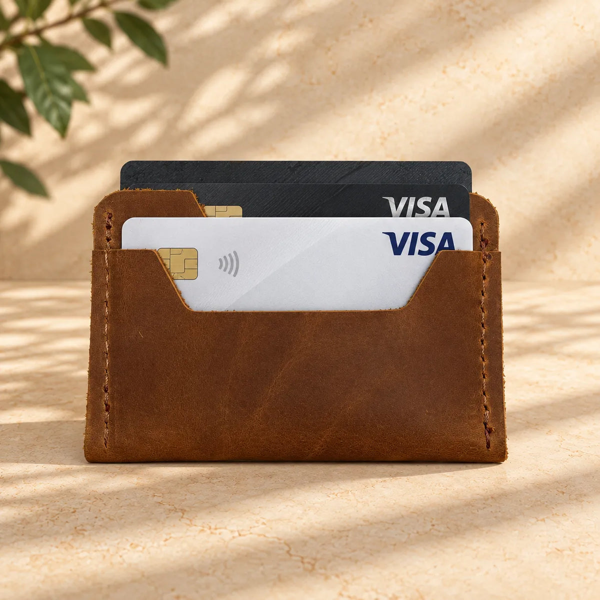 Handmade card holder with two slots and genuine leather construction