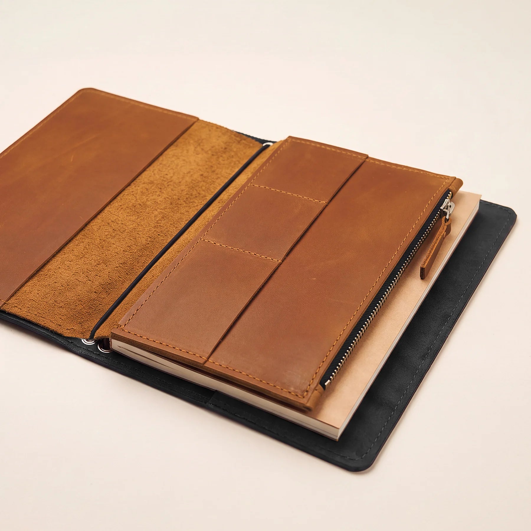 Handmade leather insert for traveler's notebook with practical organization pockets.