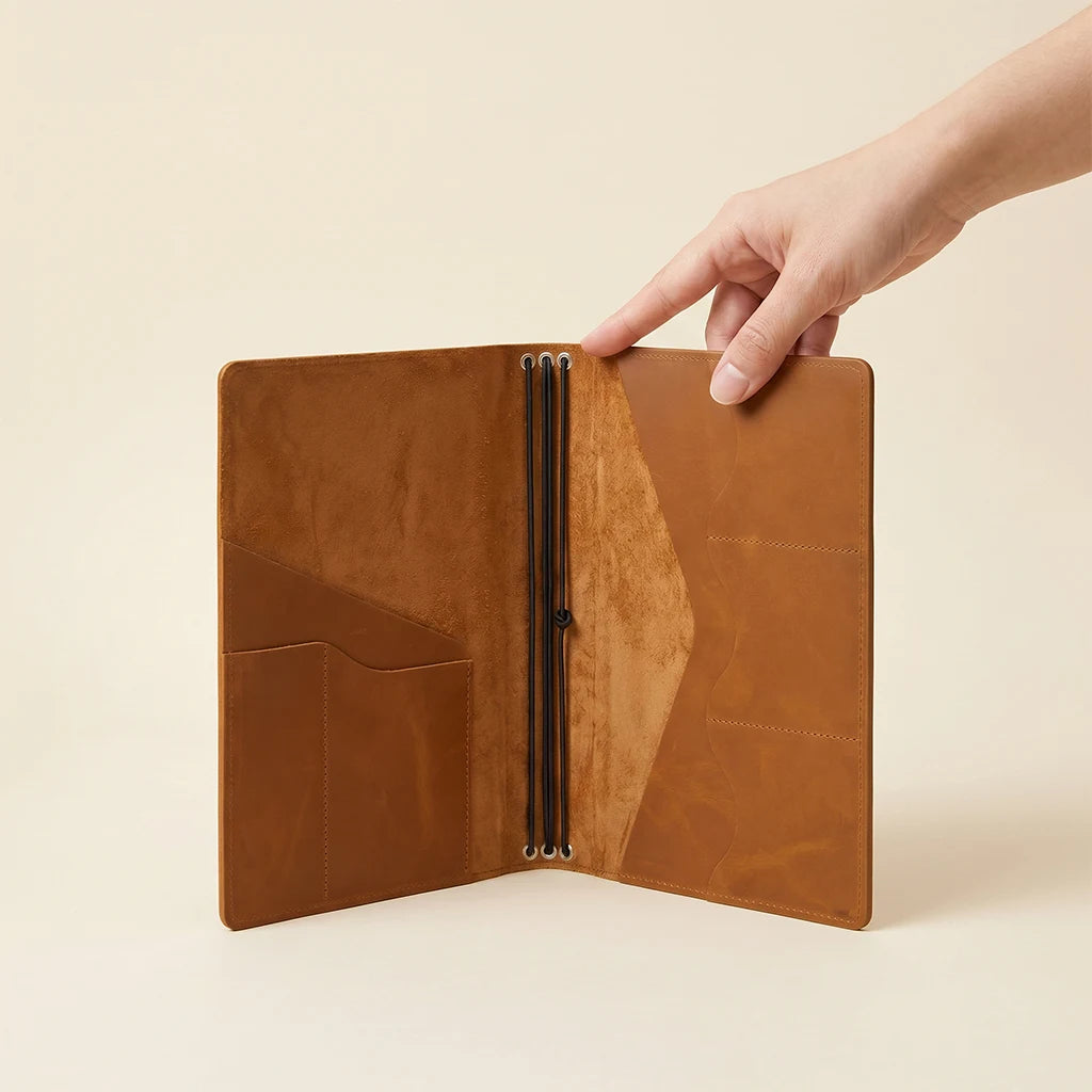 Leather notebook cover laid open with organized pockets and notebook inserts.