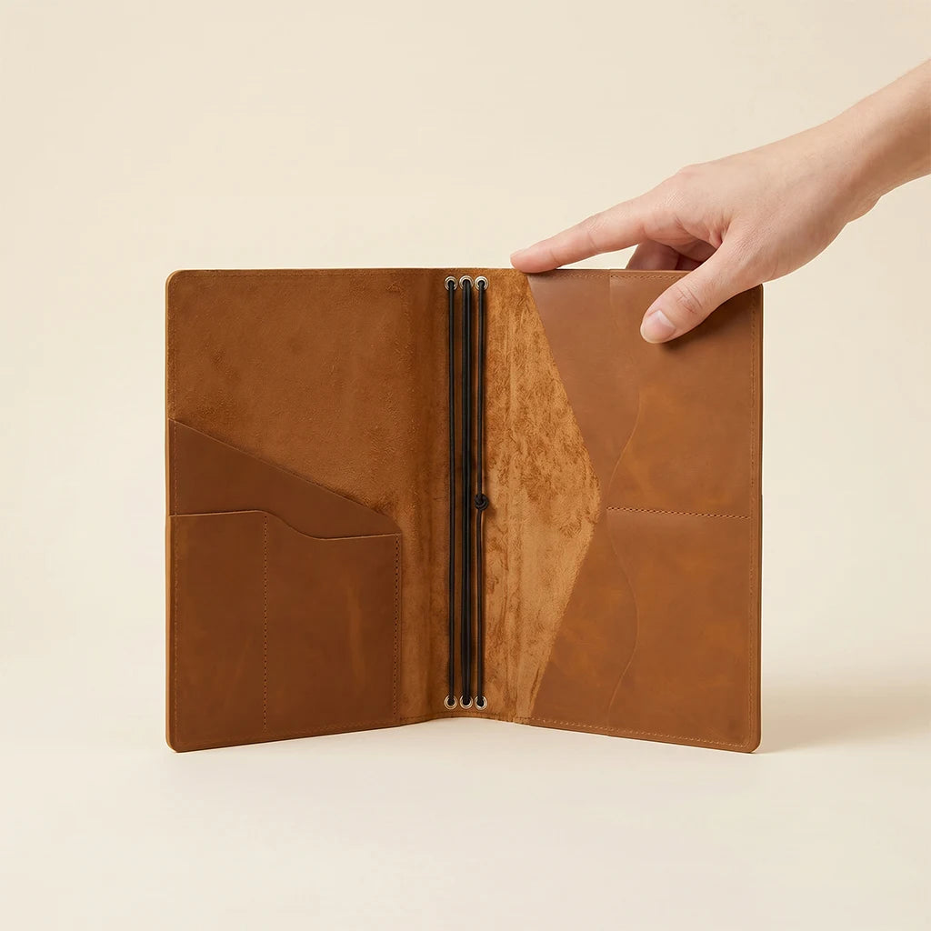 Durable leather notebook cover showcasing handcrafted details and storage features.