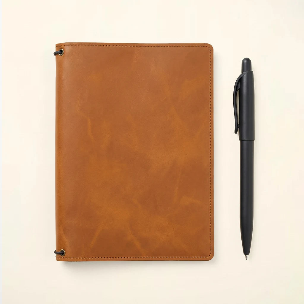 Genuine leather planner cover with elastic notebook inserts and card compartments.