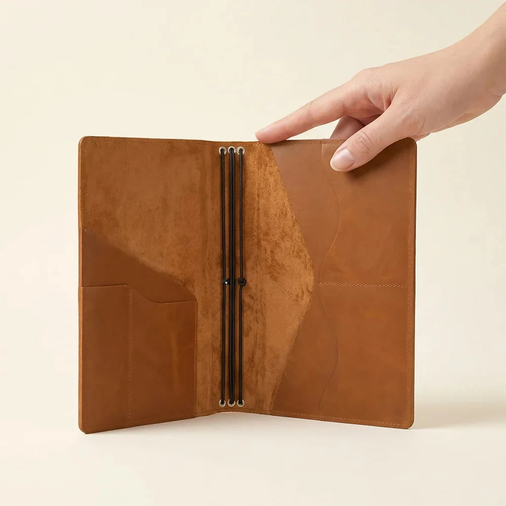 Handmade leather notebook cover with practical interior organization and three elastic notebook bands.