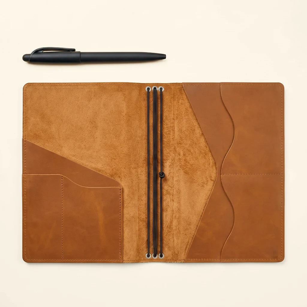 Functional leather notebook organizer featuring interior slots and elastics.