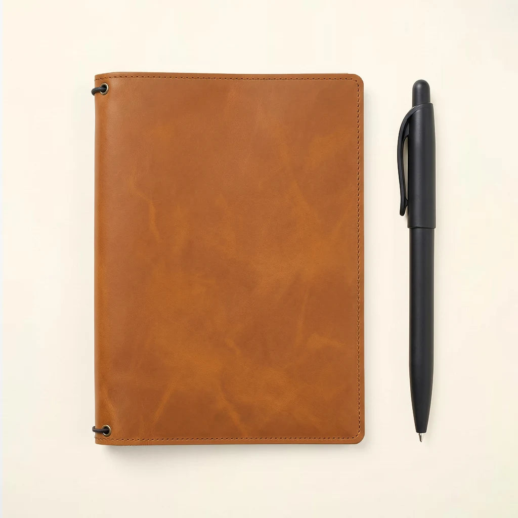 Premium notebook cover in leather with pockets and elastic inserts.
