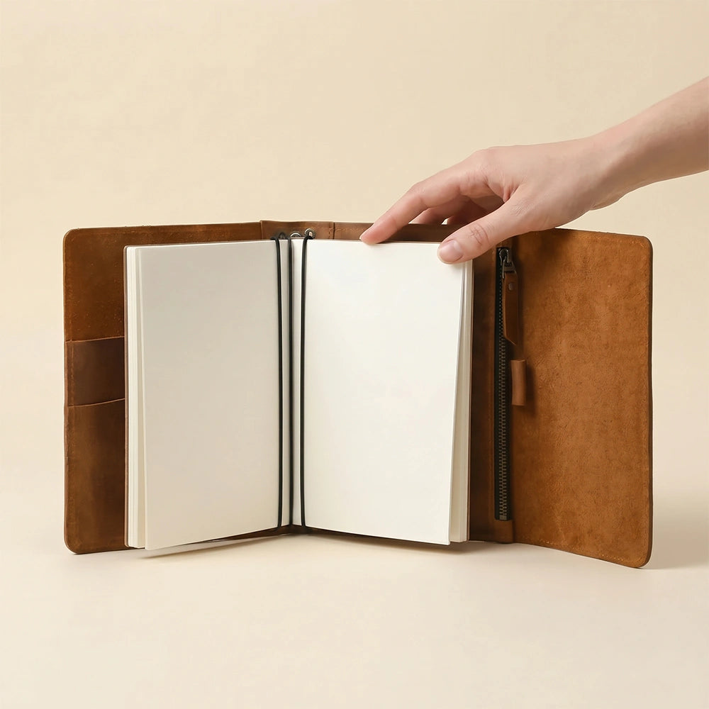Classic leather cover featuring three elastics and integrated pen holder.