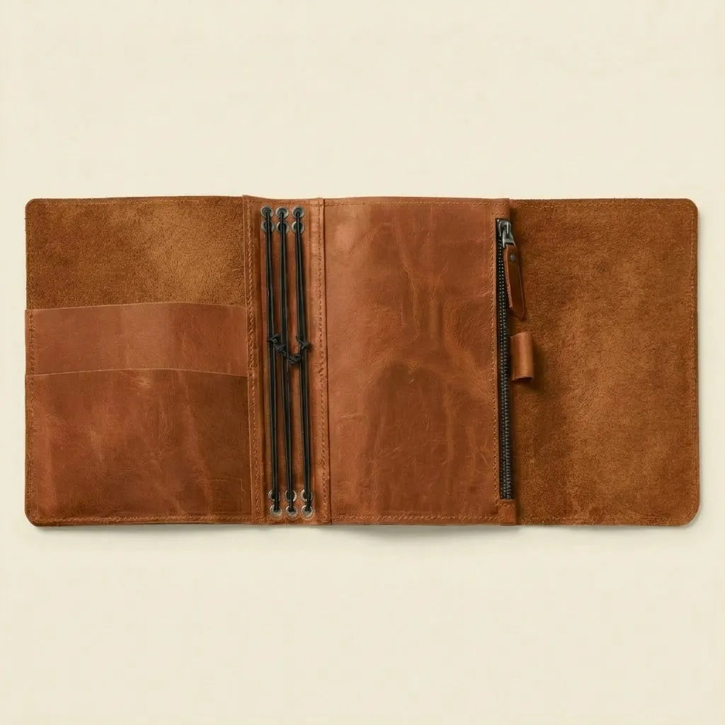 Leather notebook case with inner pockets for cards and notes.
