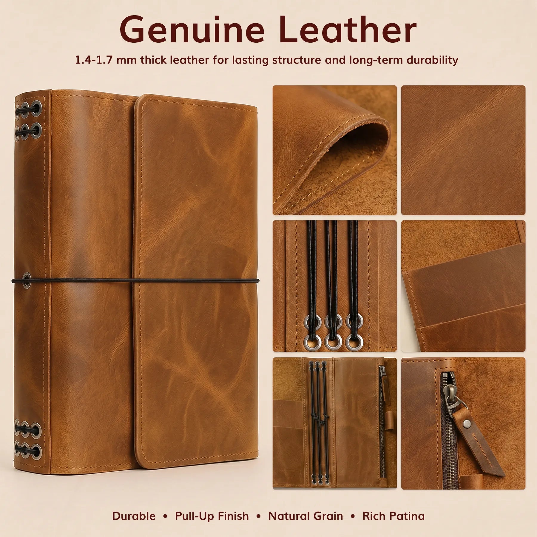 Leather planner cover with elastic notebook inserts and custom name engraving