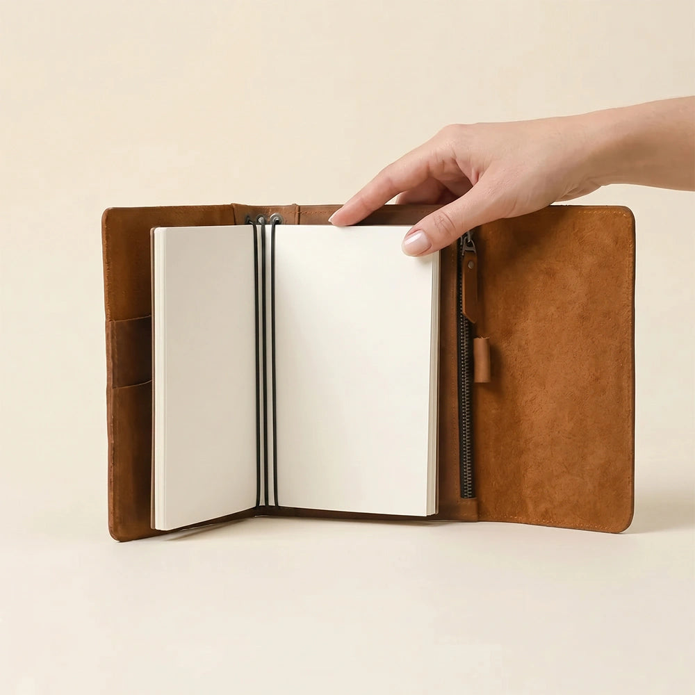 Functional leather journal cover with refillable inserts and inner pockets.