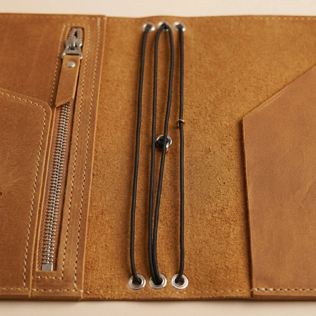 Close-up of a brown leather journal with a zipper pocket and black lanyard.