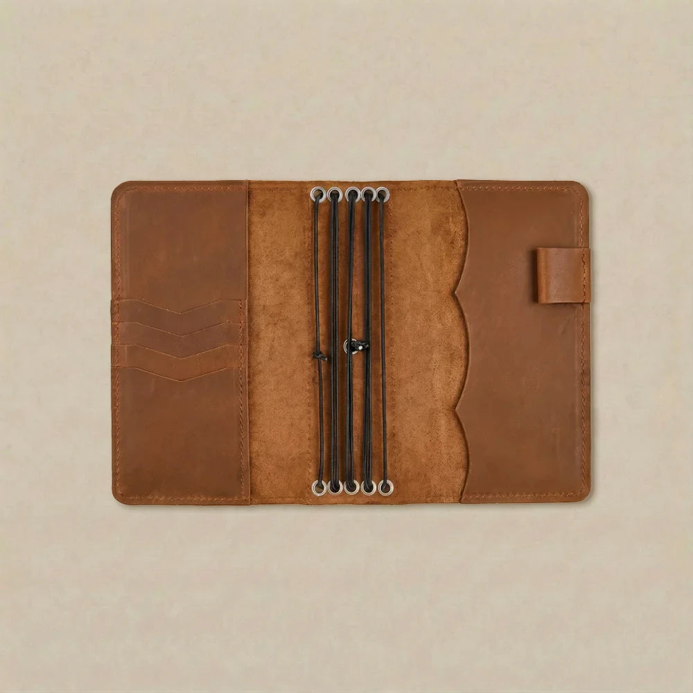 Handmade leather notebook cover with five elastic bands and pen loop.