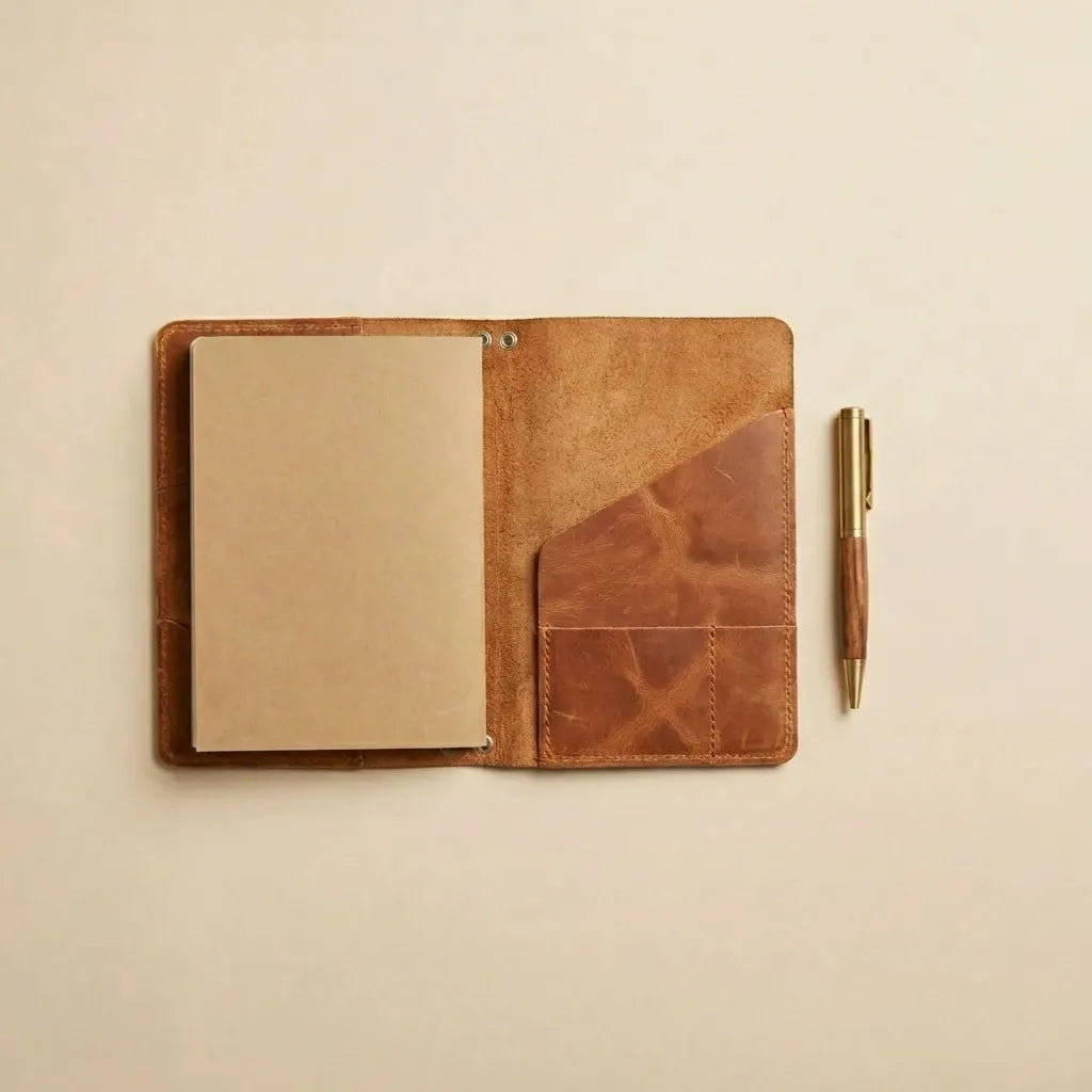 Refillable leather notebook organizer with inner pockets.
