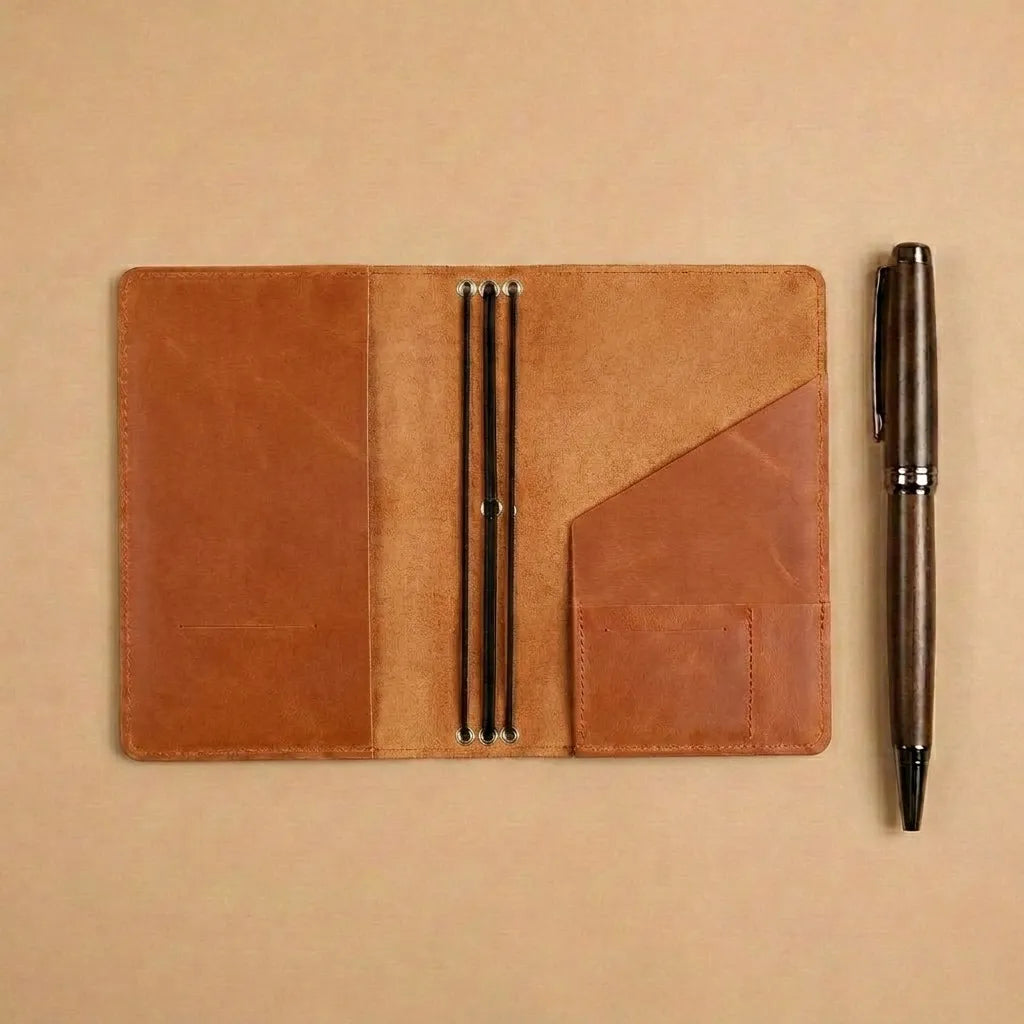 Handmade leather notebook cover with pen loop and three elastic bands