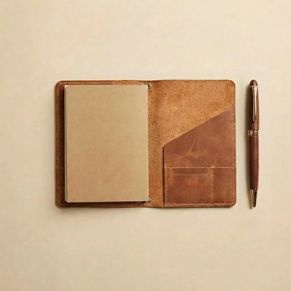 Durable refillable leather notebook cover featuring elastic loops and functional interior pockets throughout.