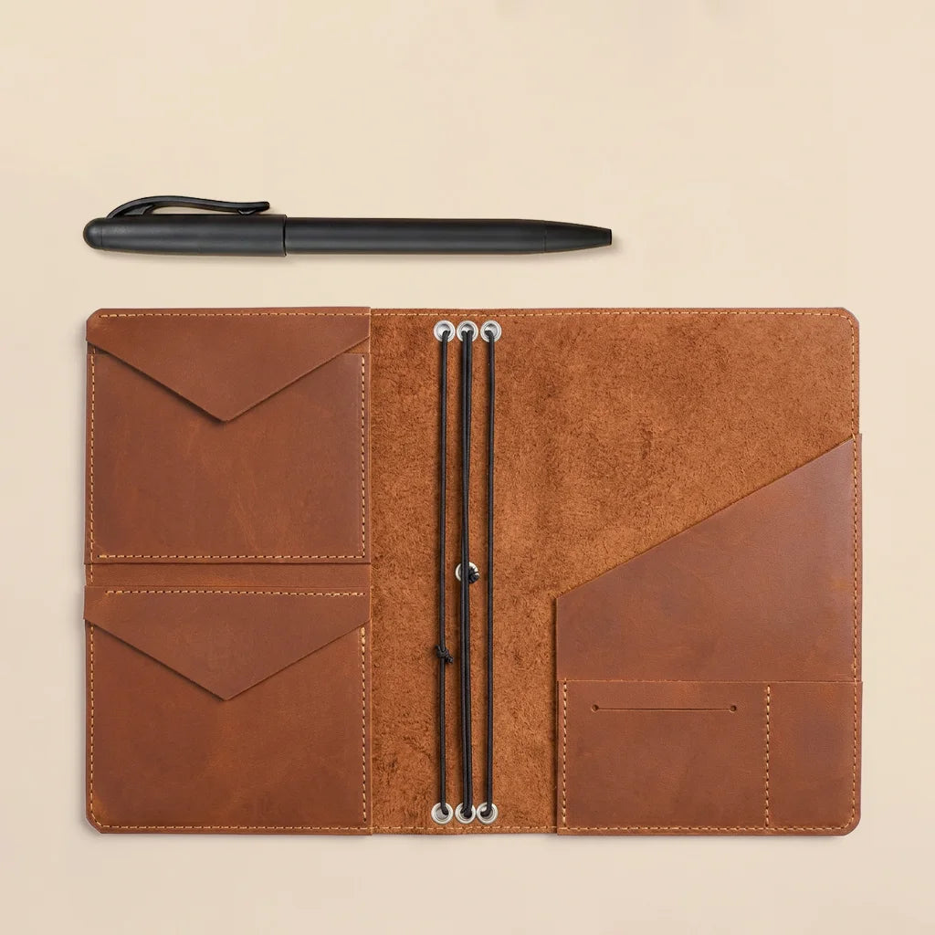 Genuine leather planner cover with organized pockets for cards and elastic notebook holders.