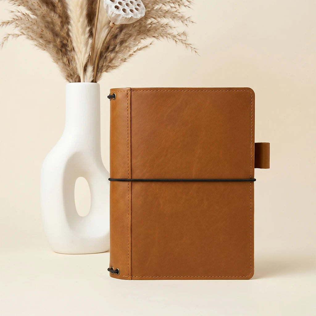 Genuine leather notebook organizer with refillable insert system and pen loop