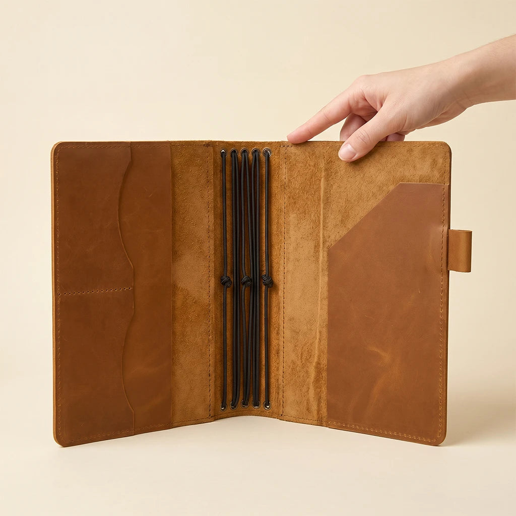 Leather journal case with organized storage and secure elastic notebook holders