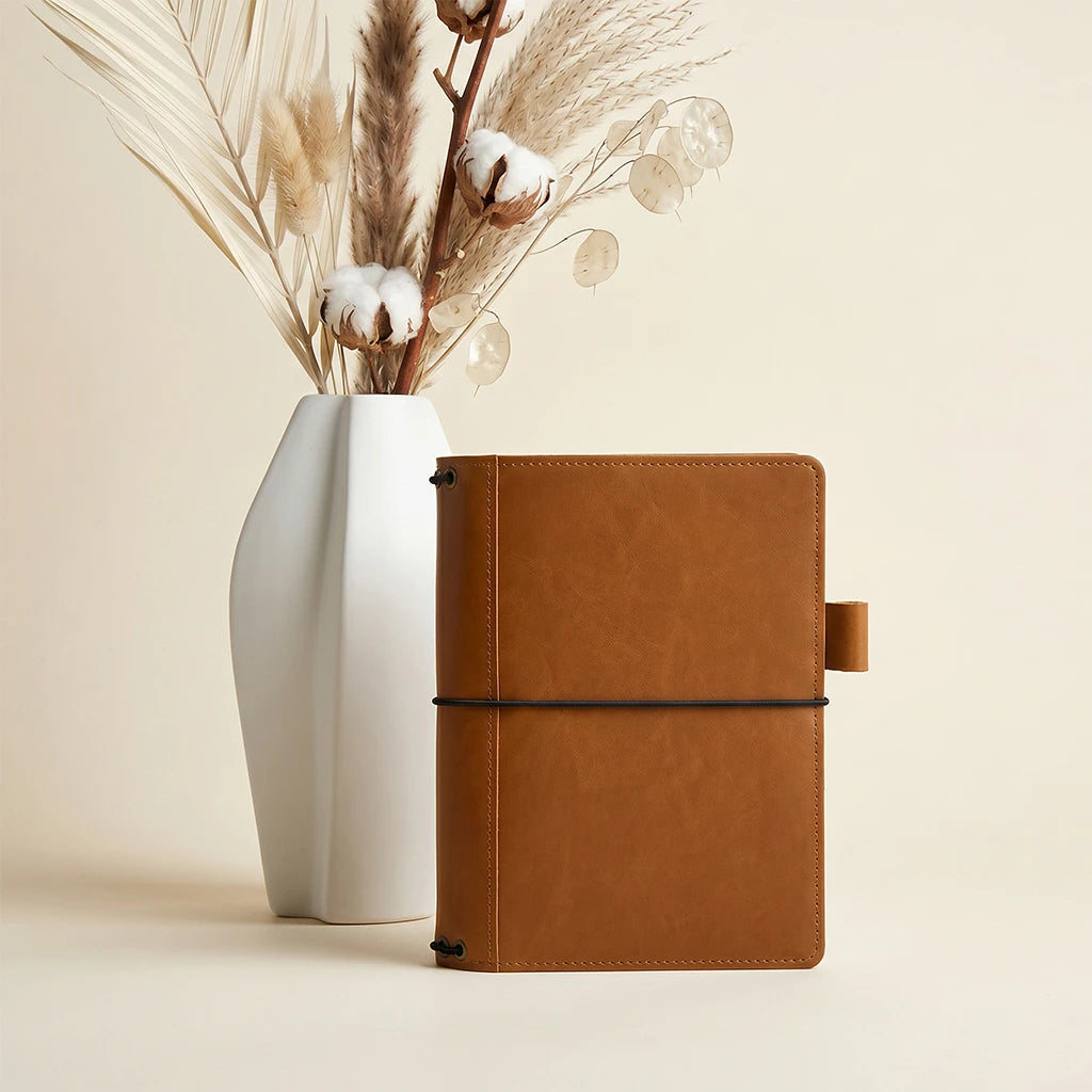 Leather notebook cover with practical storage layout and elastic journal bands