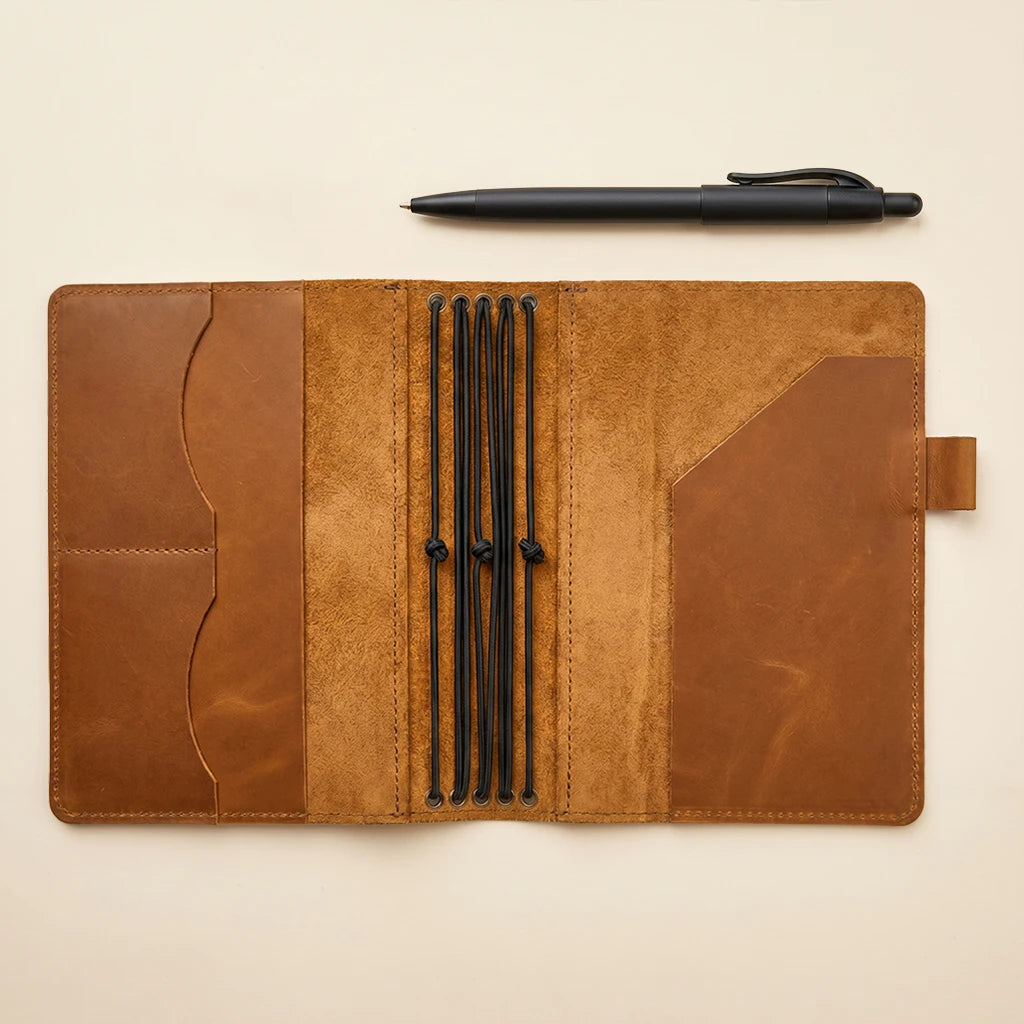 Leather notebook sleeve with five elastic bands and inside organizer pockets