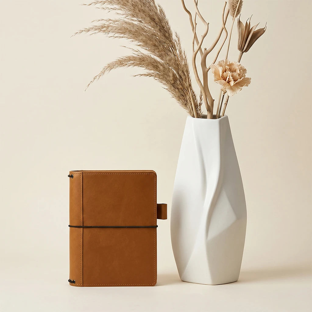 Functional leather notebook cover with pen loop and secure elastic straps