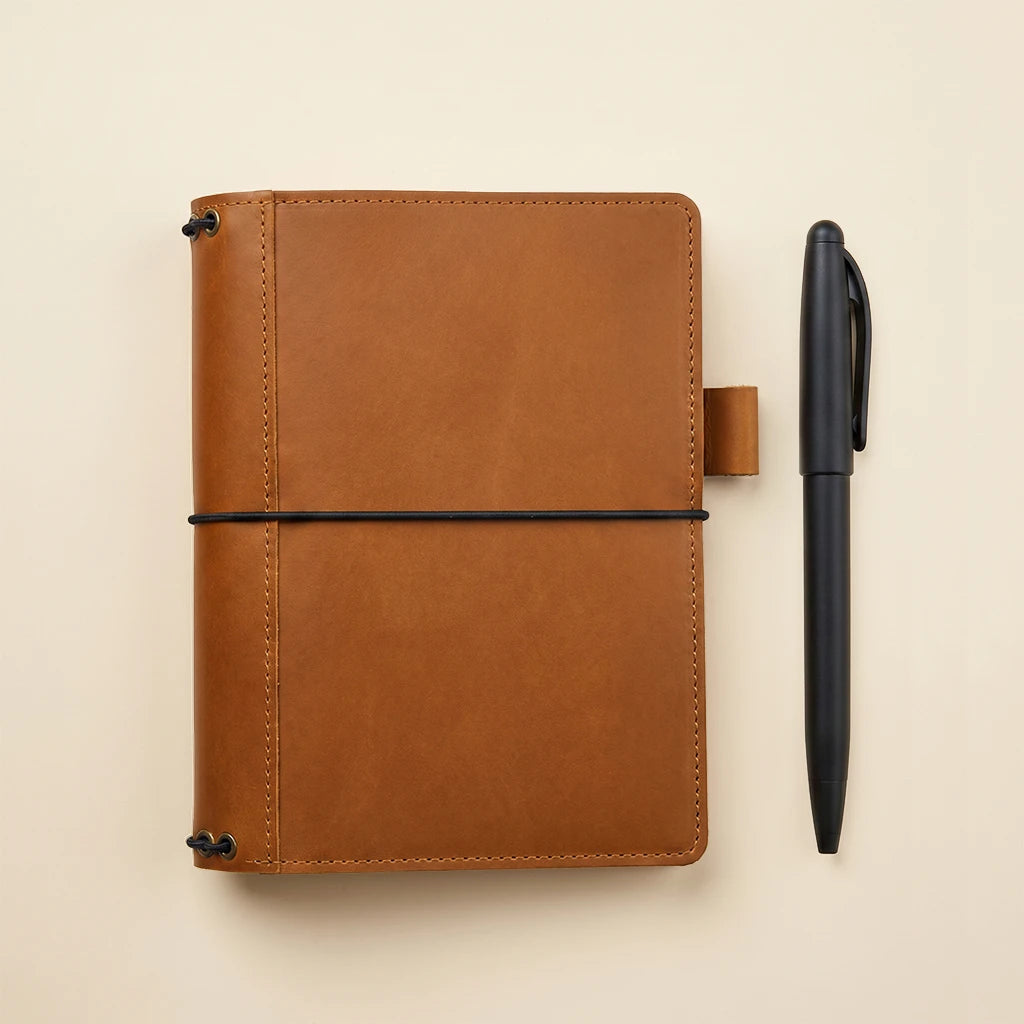 Handmade leather notebook organizer with elastic bands and pen holder inside