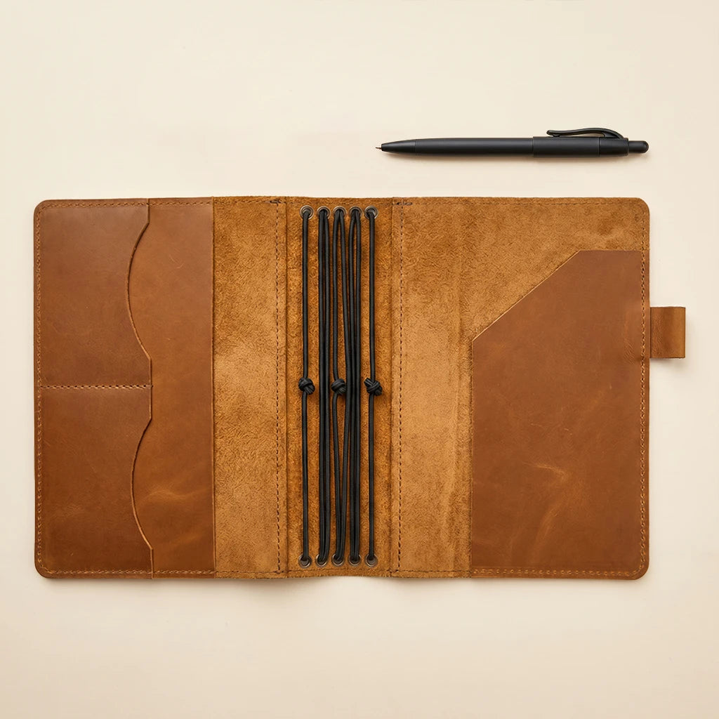 Leather notebook holder with elastic insert system and functional inner pockets