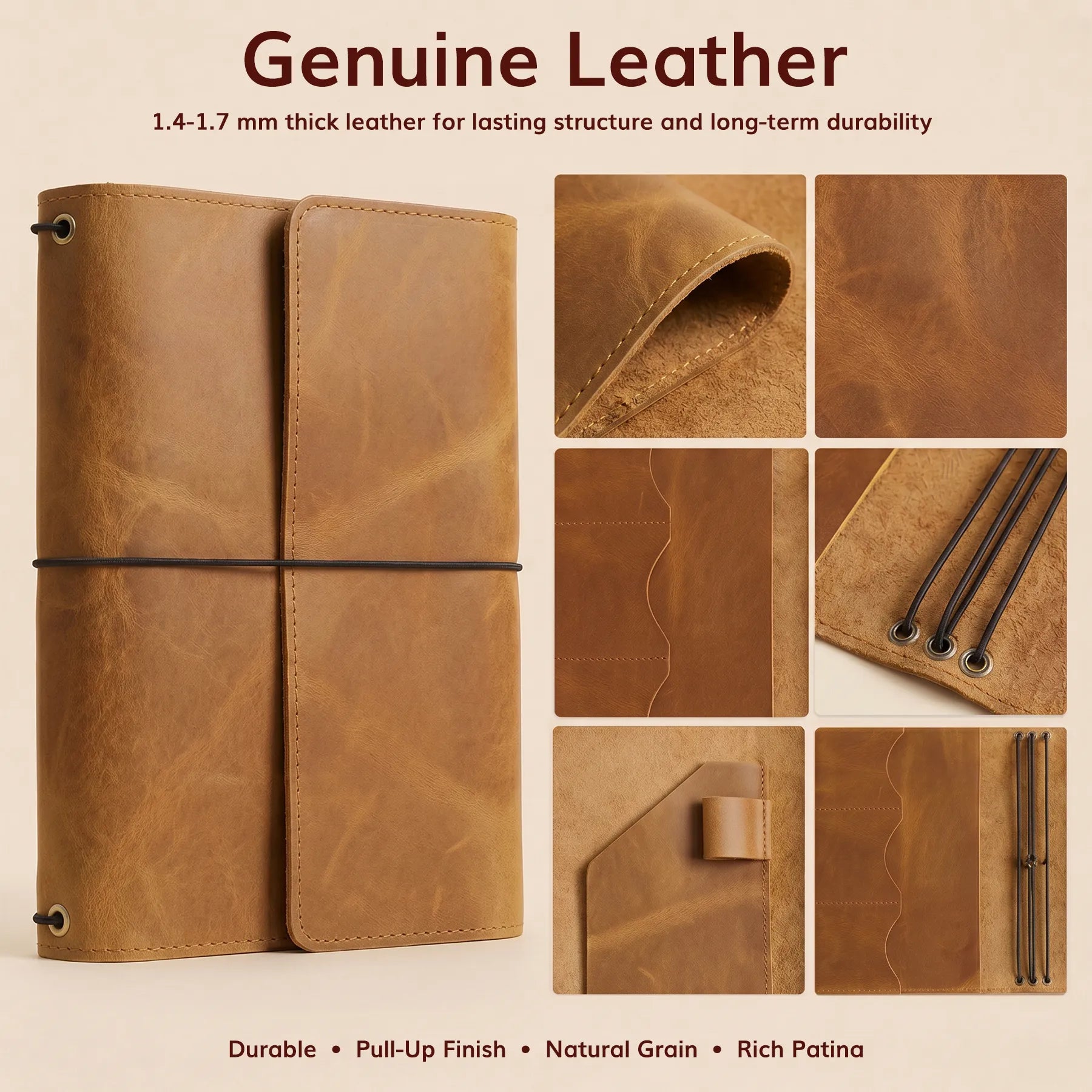 Refillable traveler's notebook cover crafted from genuine leather with pen loop