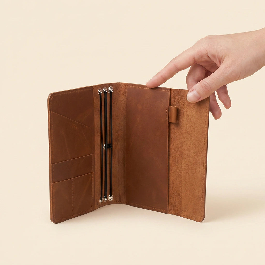 Refillable leather notebook cover with practical card pockets and elastic journal straps.