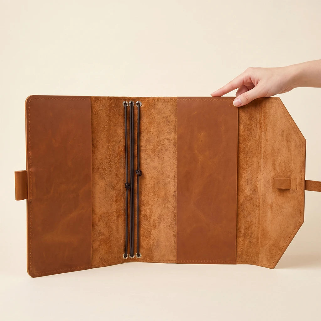 Leather notebook keeper featuring secure elastics and streamlined organization.
