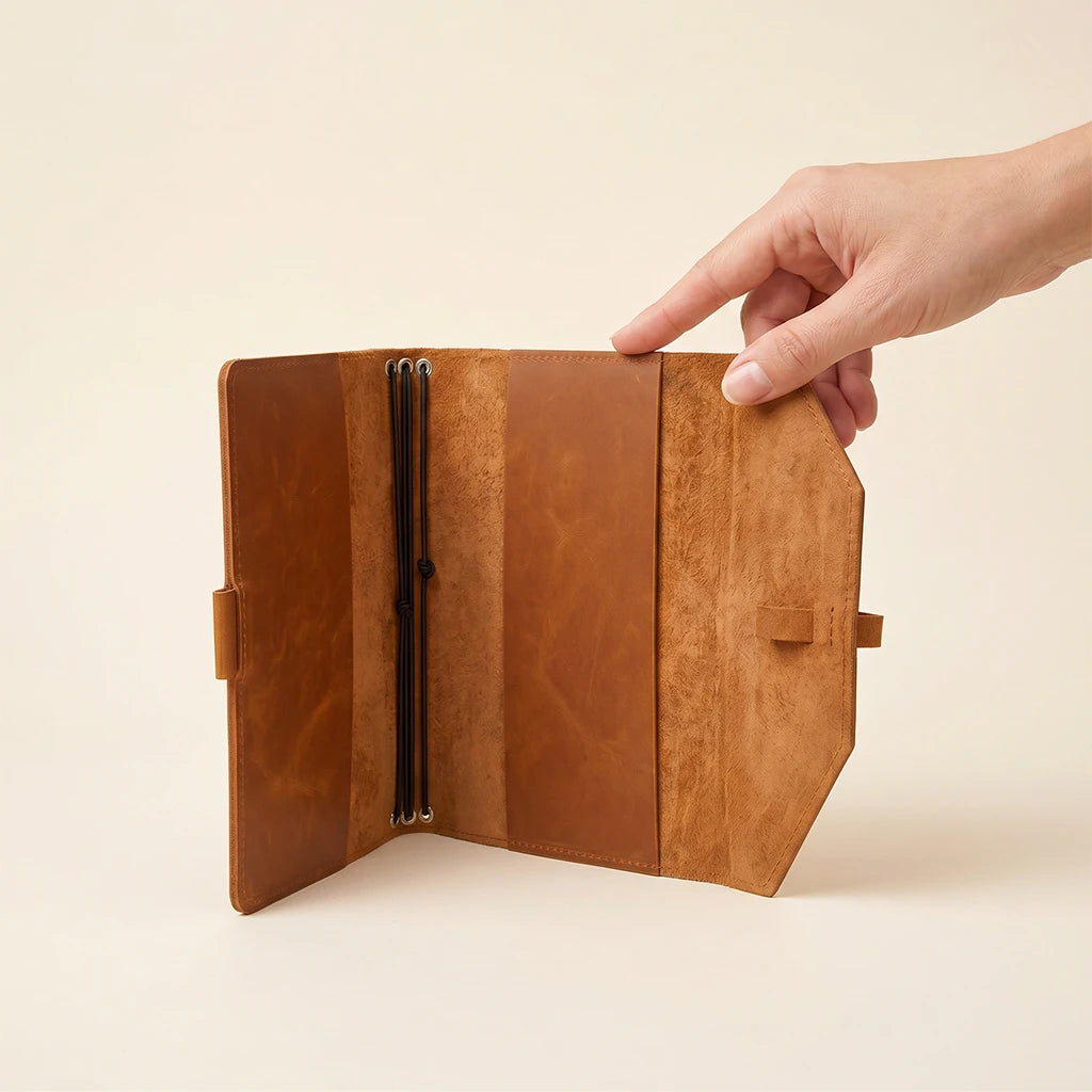 Elegant leather notebook case with elastic bands and practical pen loop.