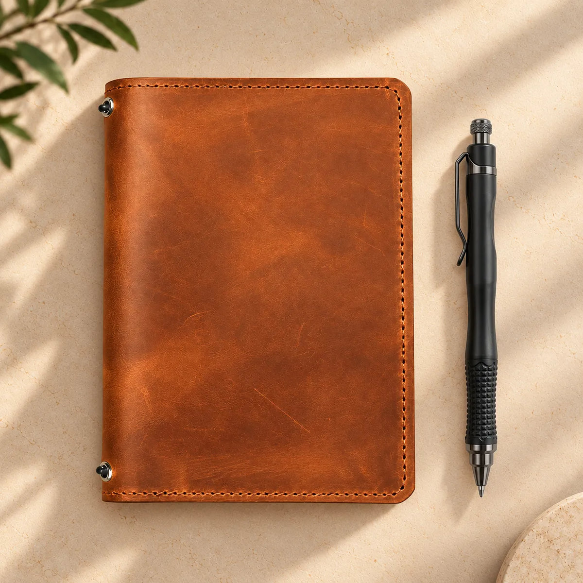 Leather journal cover crafted from natural leather with two elastic bands and pockets.
