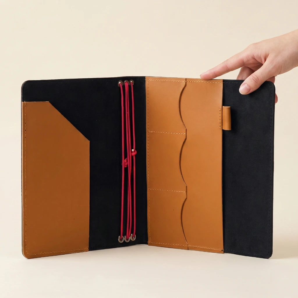 Handcrafted leather notebook organizer with elastic bands and compact pocket layout