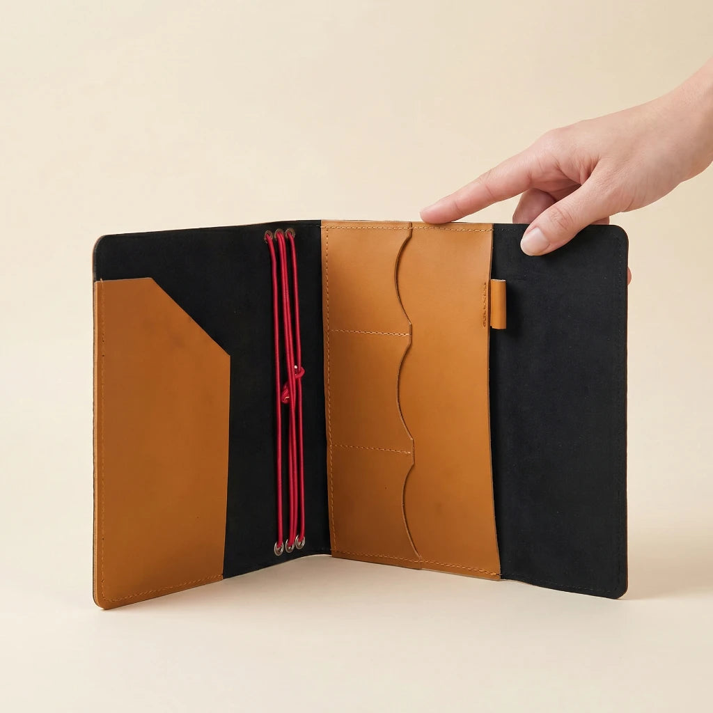 Genuine leather journal wrap with elastic closure and functional pocket layout