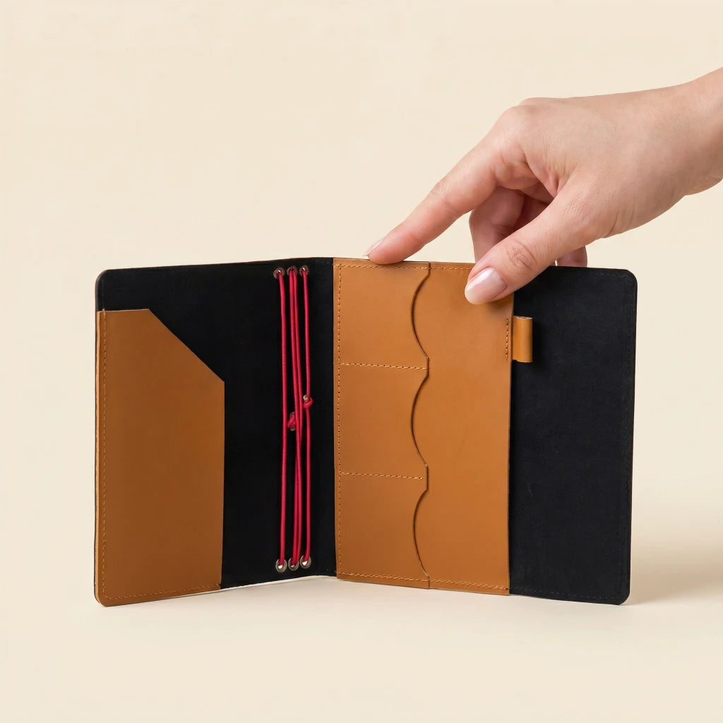 Refillable leather notebook cover featuring elastic bands and artisan craftsmanship