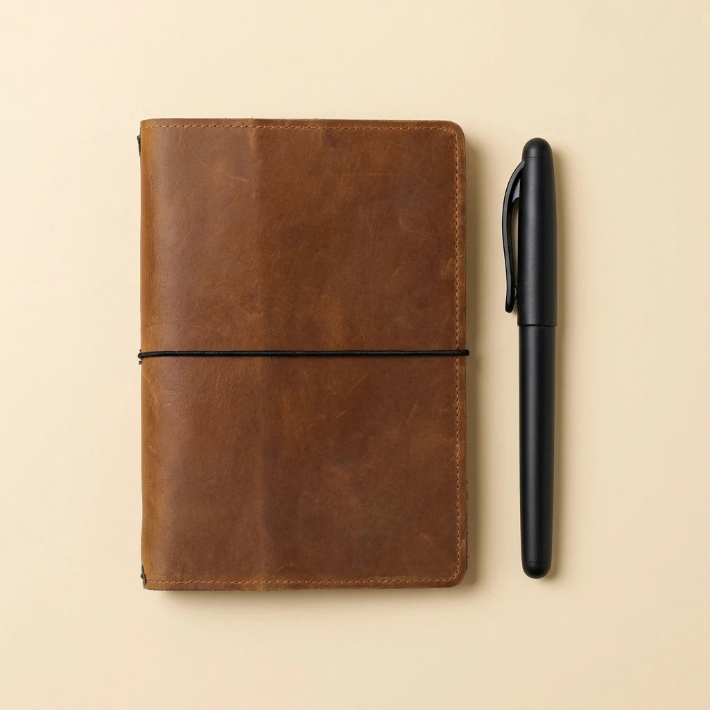 Brown leather notebook with a black pen on a beige background