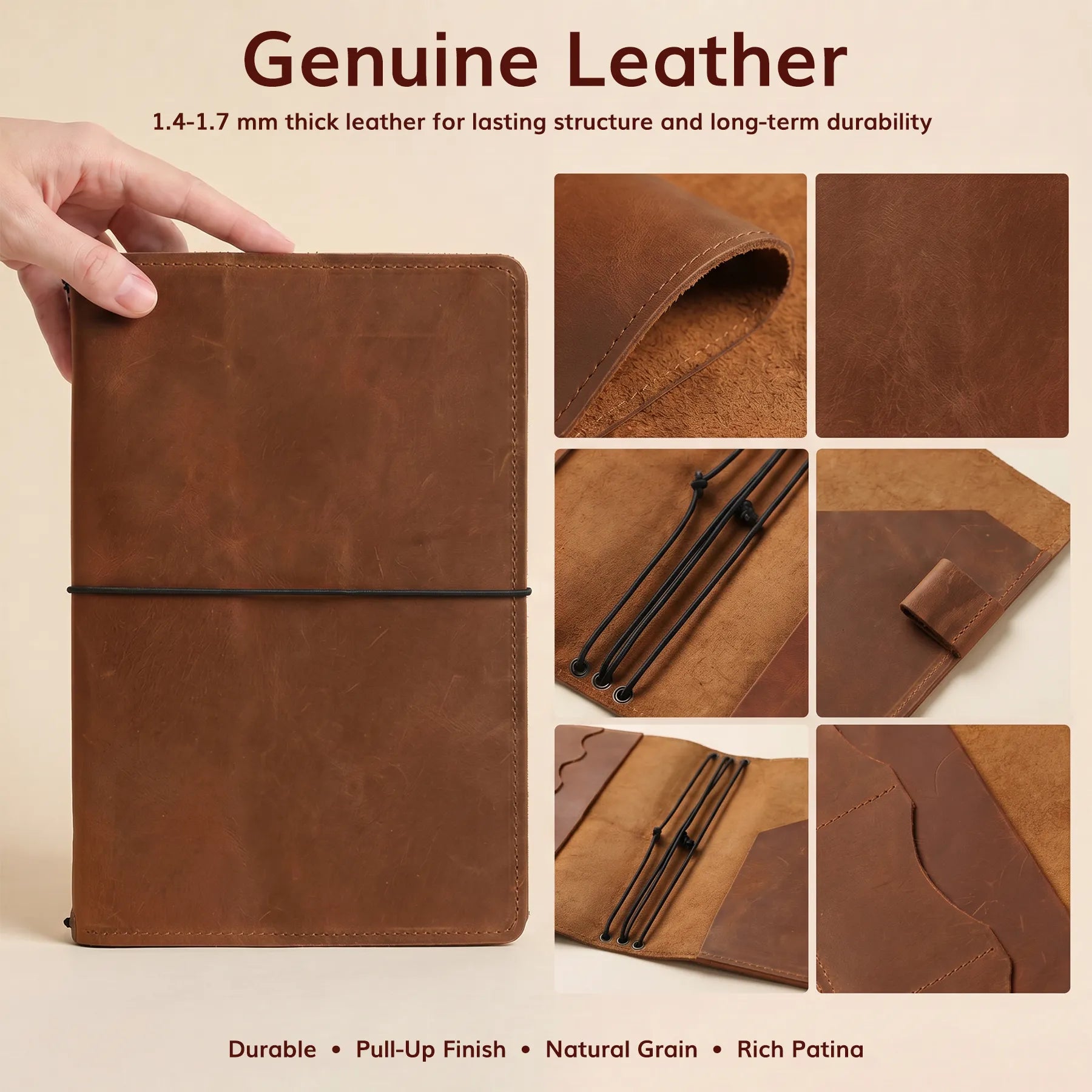 Handmade leather notebook cover designed with pockets and convenient pen loop