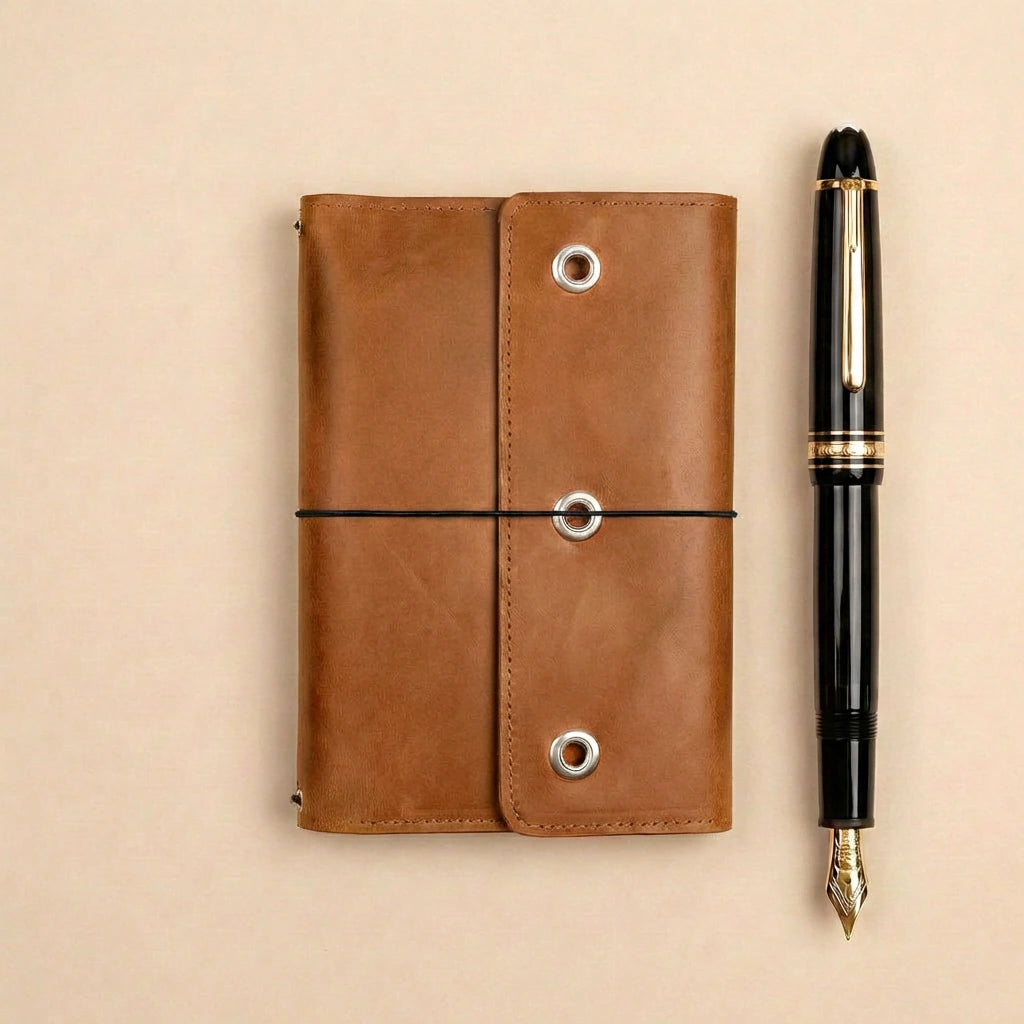 Brown leather notebook with a black fountain pen on a beige background